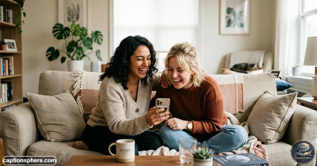 Two best friends laughing over an inside joke while sitting together casually