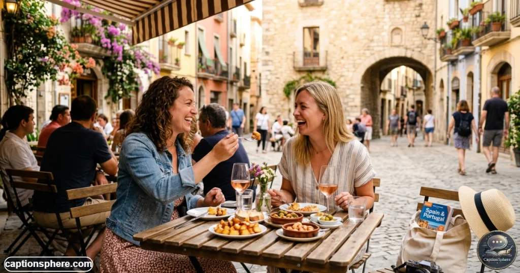 Best friends enjoying food and laughter during a casual travel adventure