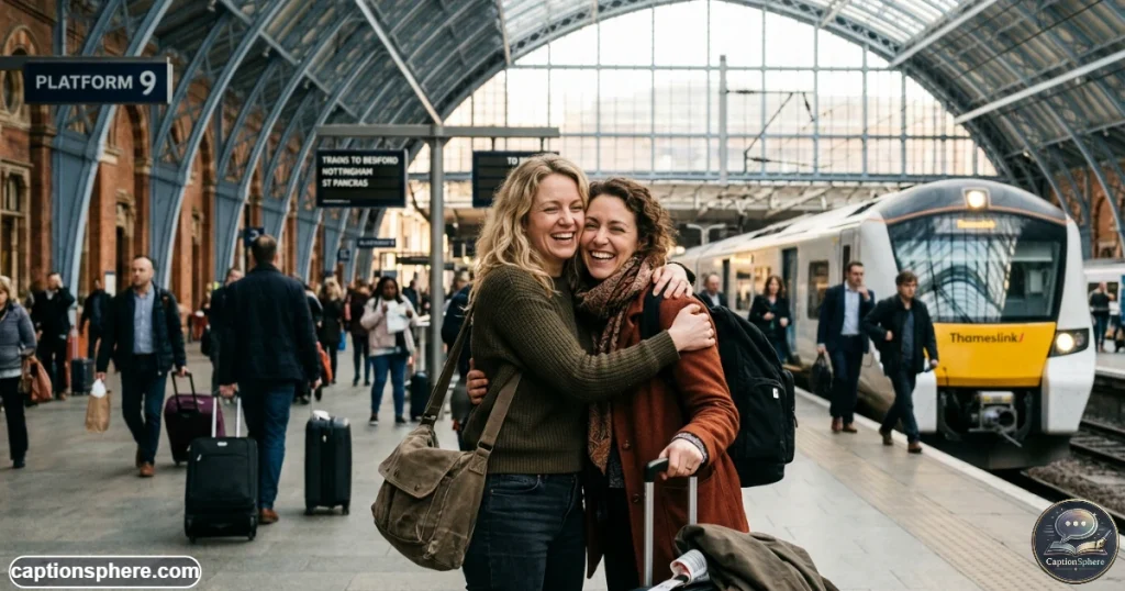 Longtime best friends laughing together during a warm reunion after time apart