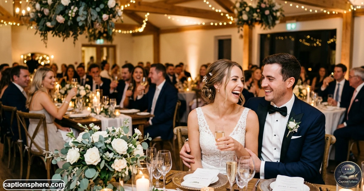 Happy newlywed couple laughing together at a lively wedding reception