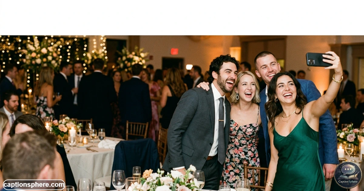 Friends taking a playful selfie at a lively wedding reception