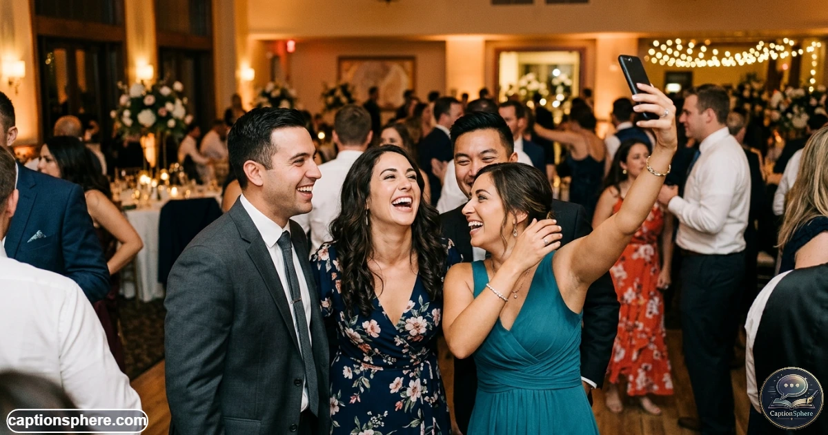 Candid wedding guests laughing together during spontaneous reception moments
