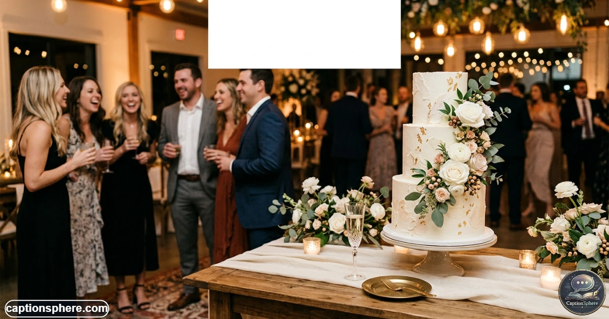 Elegant wedding cake surrounded by laughing guests during reception