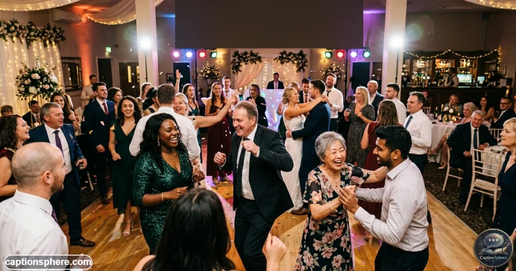 Wedding guests laughing and dancing together on a crowded dance floor