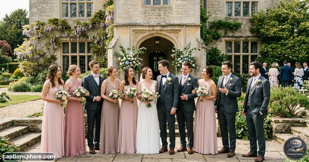 Bridesmaids and groomsmen laughing together in formal wedding attire