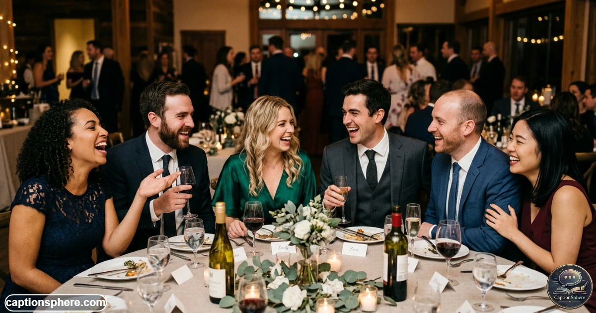 Dressed-up wedding guests laughing together during the reception