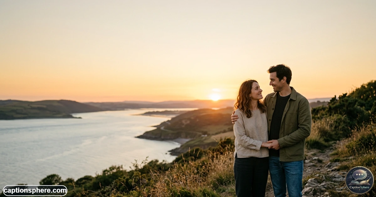 Couple standing together during a quiet sunset moment with soft natural light