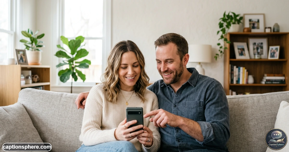 Couple looking at a smartphone together while choosing a social media caption