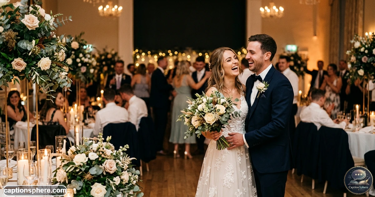 Newlywed couple celebrating at an elegant wedding reception with warm romantic lighting