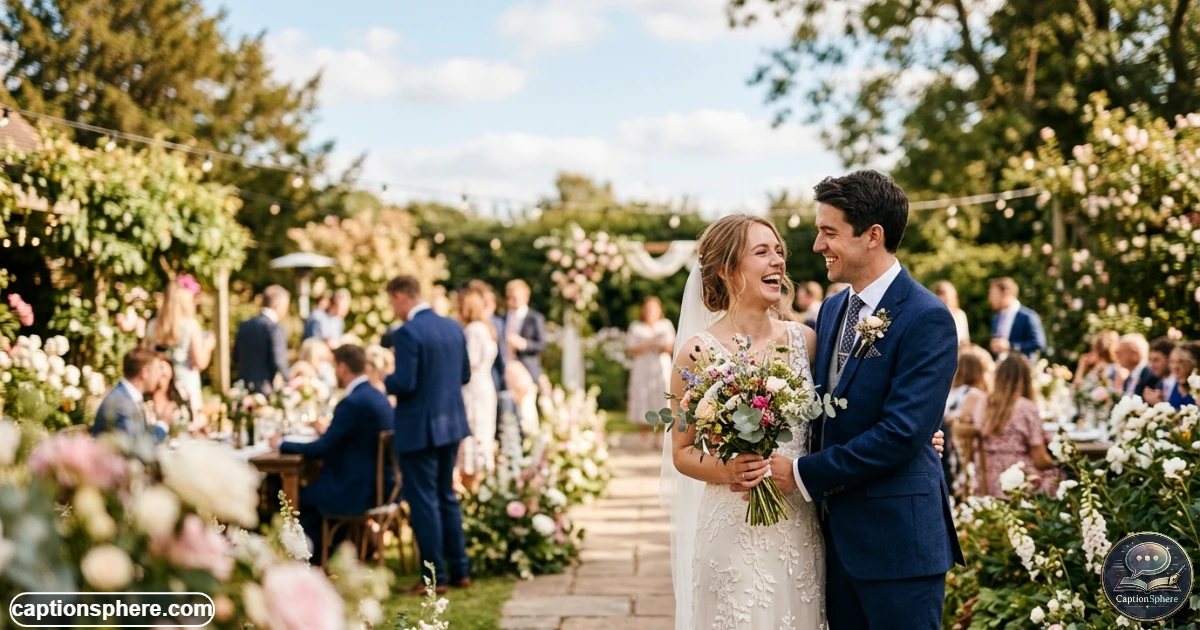 Happy newlywed couple posing together during a bright elegant wedding celebration