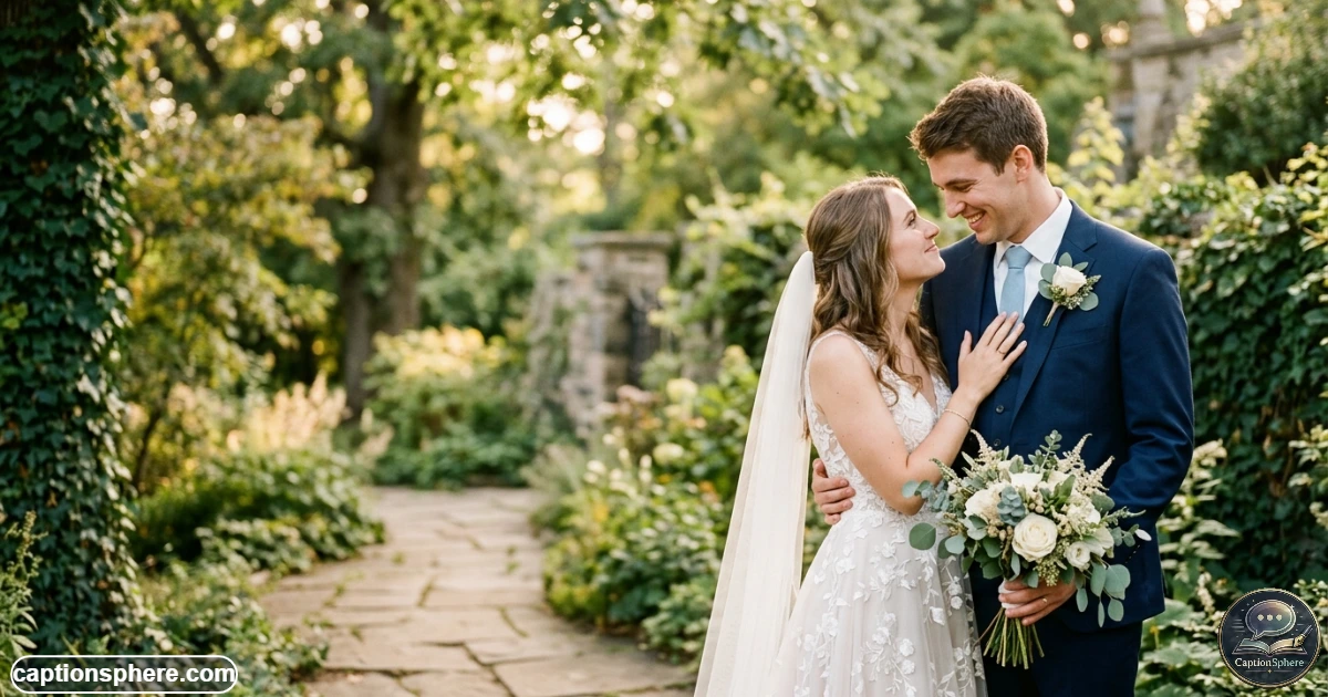 Newlywed couple sharing an intimate first look during a romantic outdoor wedding