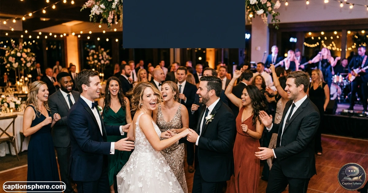 Wedding guests laughing and dancing together during a lively reception
