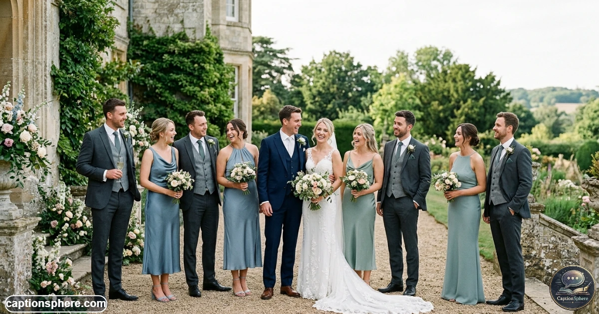 Bride groom bridesmaids and groomsmen celebrating together after the wedding ceremony