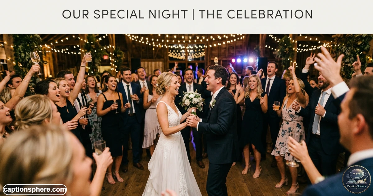 Newlyweds dancing while friends celebrate around them at a lively wedding reception