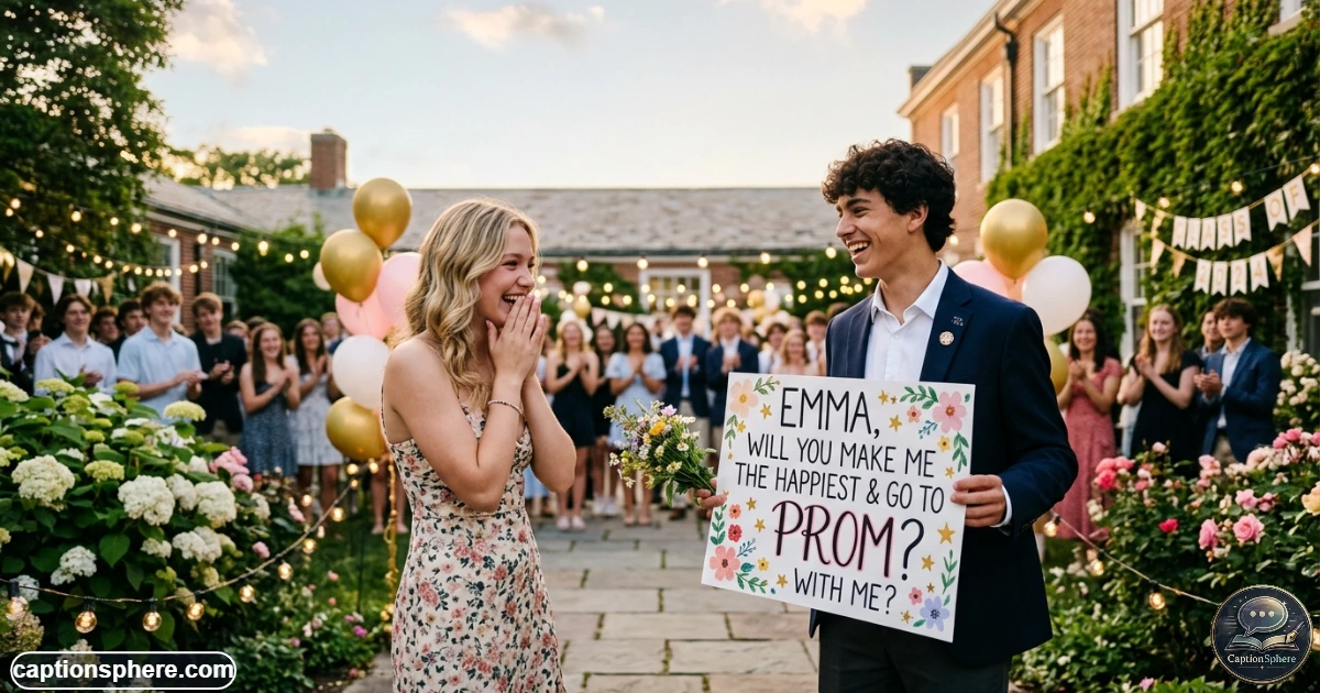 Teen couple smiling during a creative promposal with a decorated sign