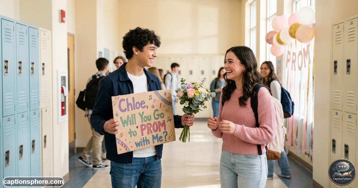 Smiling student receiving a sweet promposal surrounded by flowers and balloons