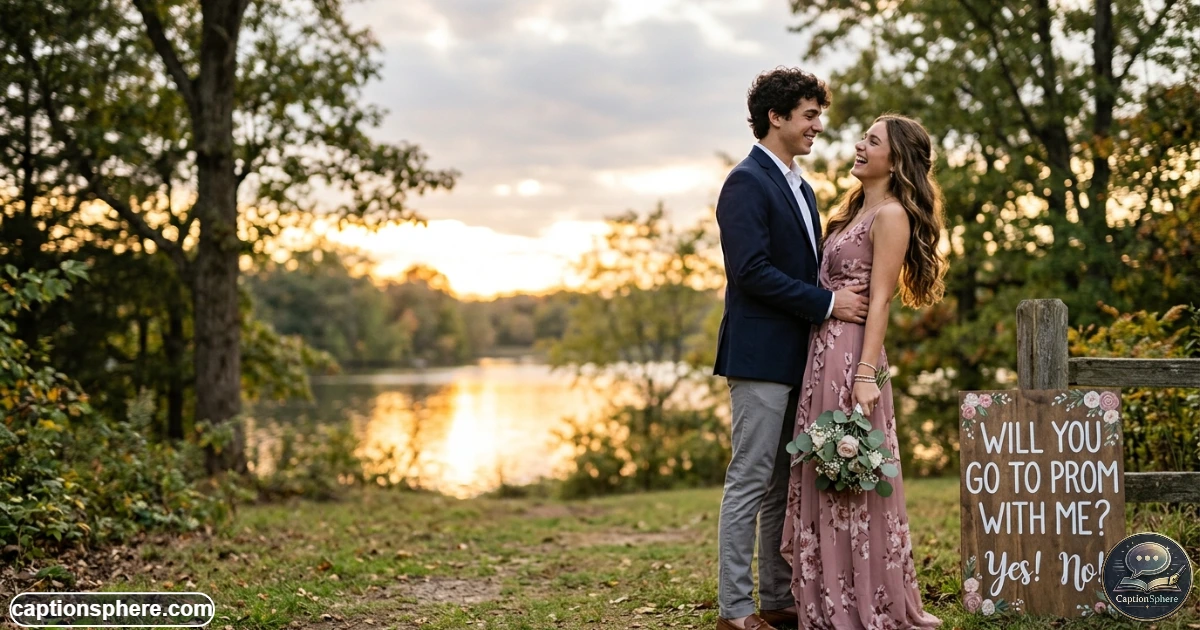 Young couple sharing a romantic promposal moment with flowers at sunset