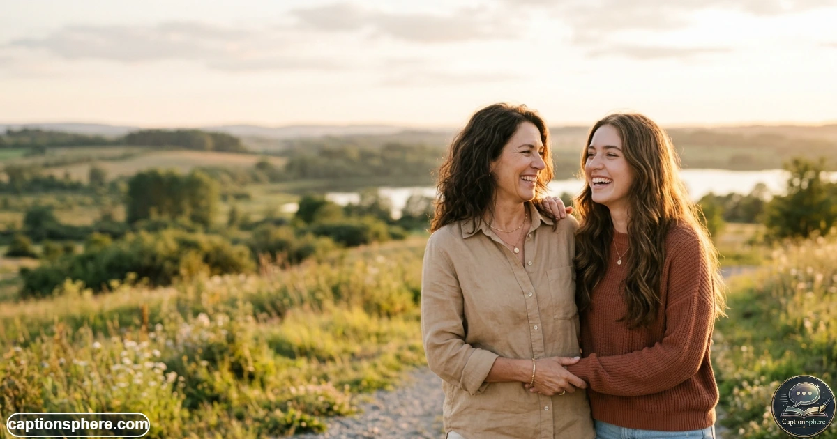 Mother and daughter smiling together during a warm golden-hour outdoor portrait