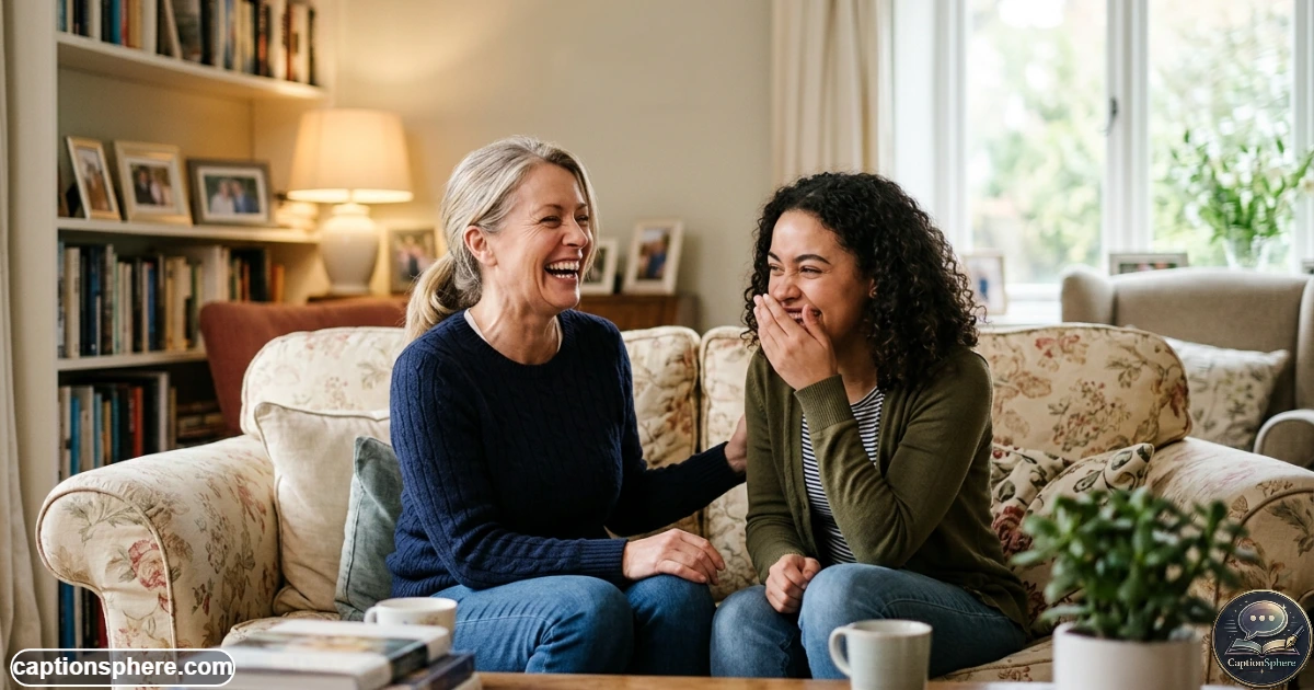 Mother and daughter laughing during a candid playful moment at home