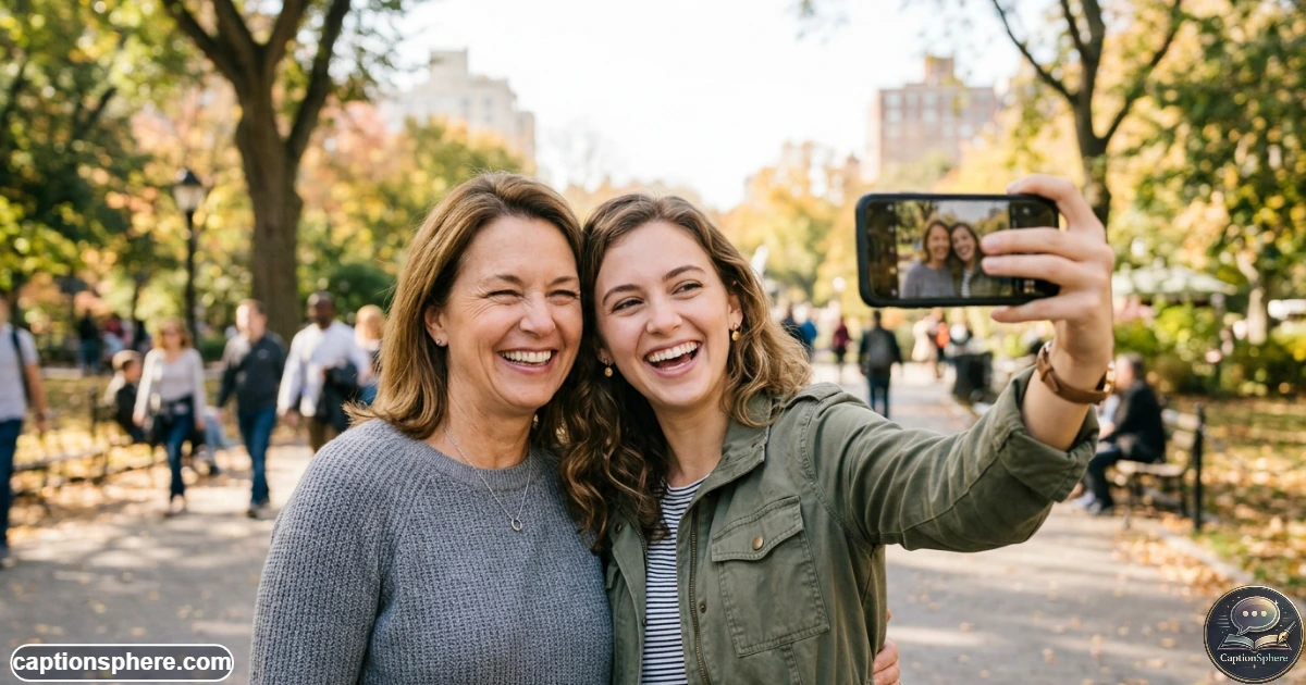 Mother and daughter taking a cheerful smartphone selfie together outdoors