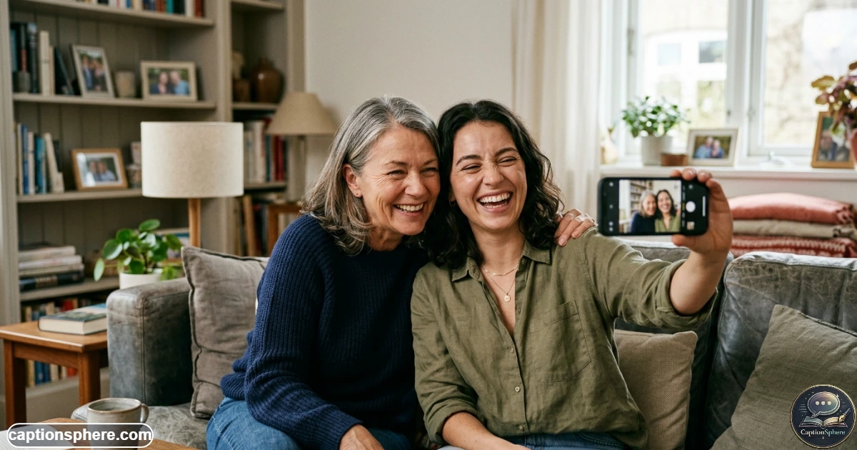 Mother and daughter taking a cheerful selfie together in natural indoor light