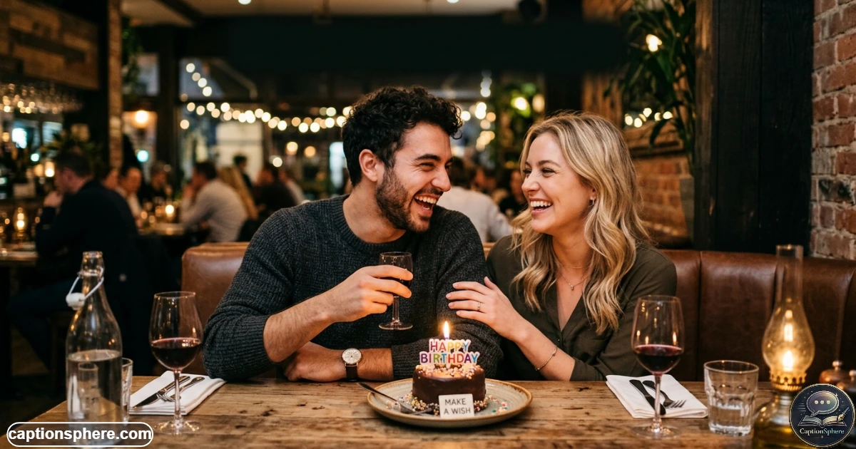 Happy couple celebrating boyfriend's birthday together with cake and warm smiles