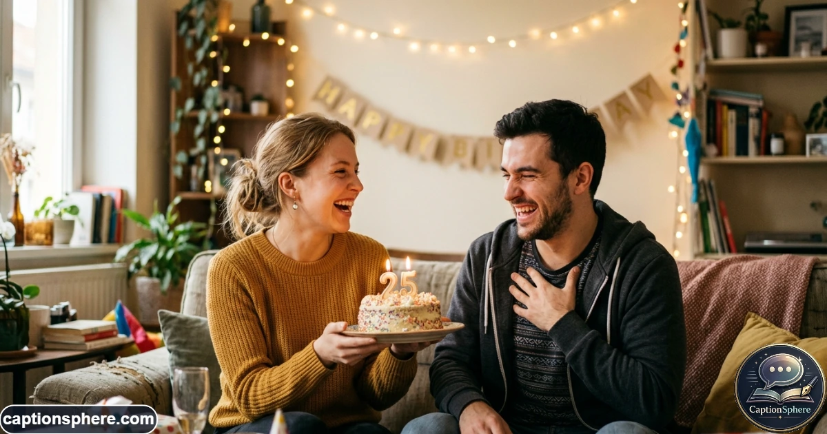 Boyfriend laughing with girlfriend during a playful birthday celebration with cake