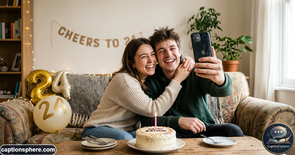 Happy couple taking a playful selfie together during a boyfriend's birthday celebration