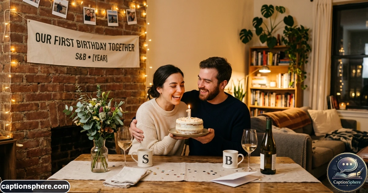 Young couple celebrating their first birthday together with a small cake and flowers