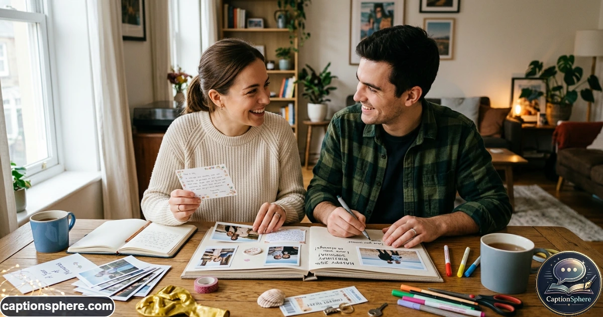 Couple sharing a personal birthday moment surrounded by photographs and meaningful keepsakes