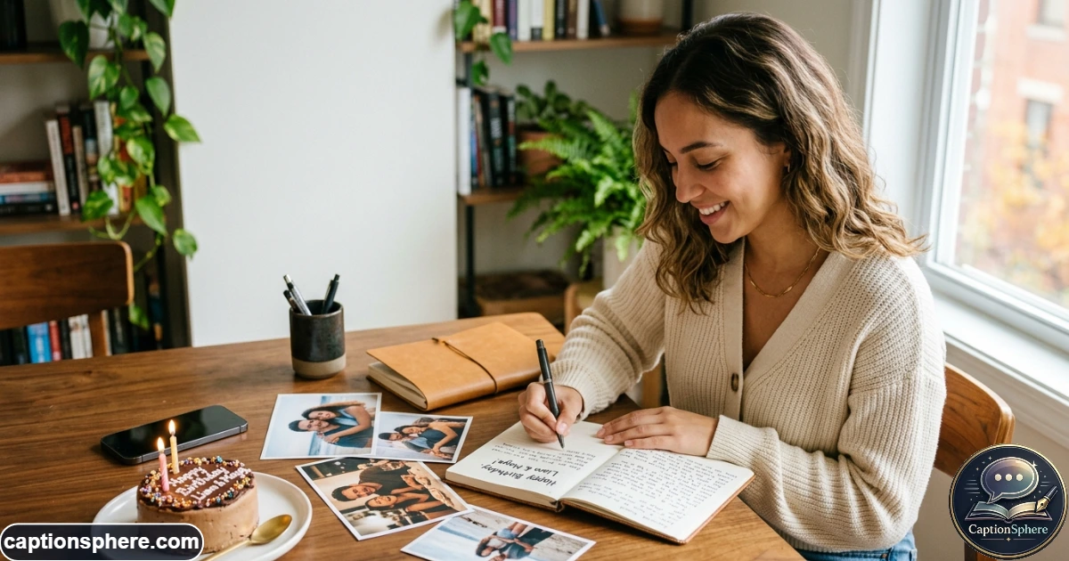 Woman writing a personalized birthday note beside photos and a small birthday cake