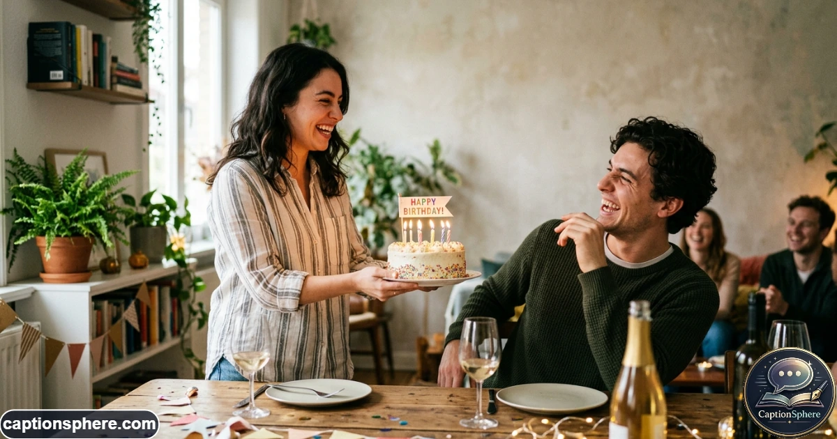 Boyfriend laughing with girlfriend during a playful birthday celebration with cake