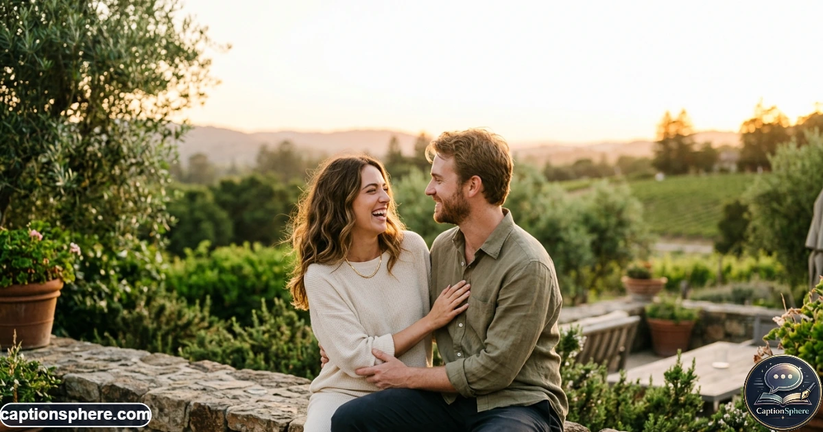 Happy couple taking a candid photo together during a romantic outdoor evening