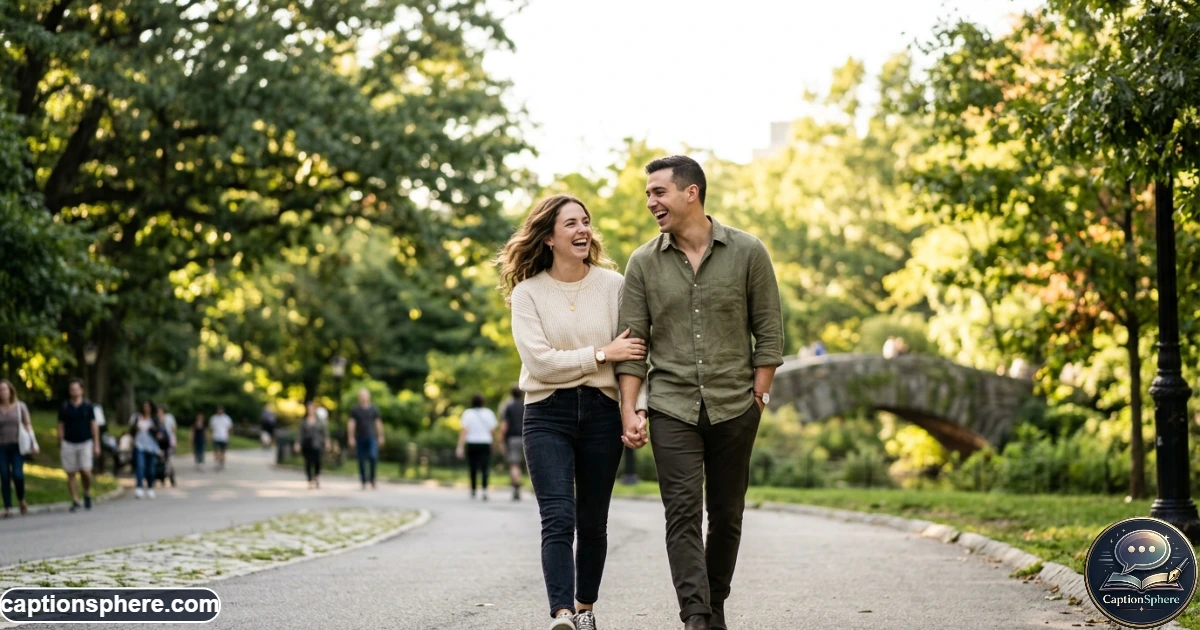 Young couple laughing together during a cozy casual outdoor moment