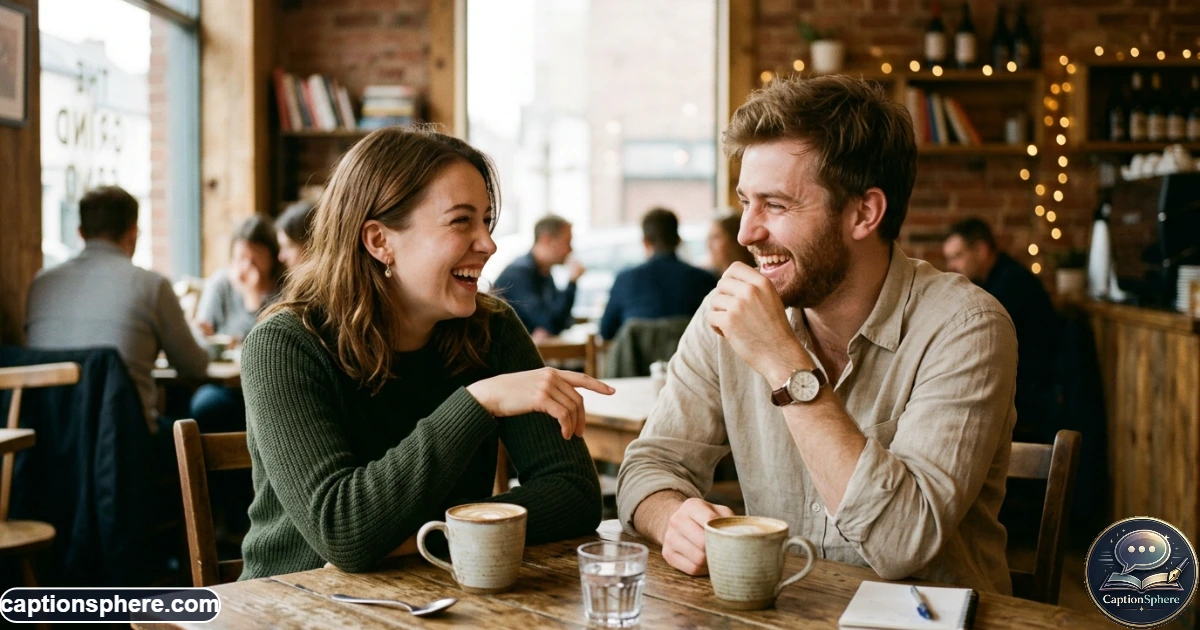 Playful couple laughing during a fun candid moment at a casual café