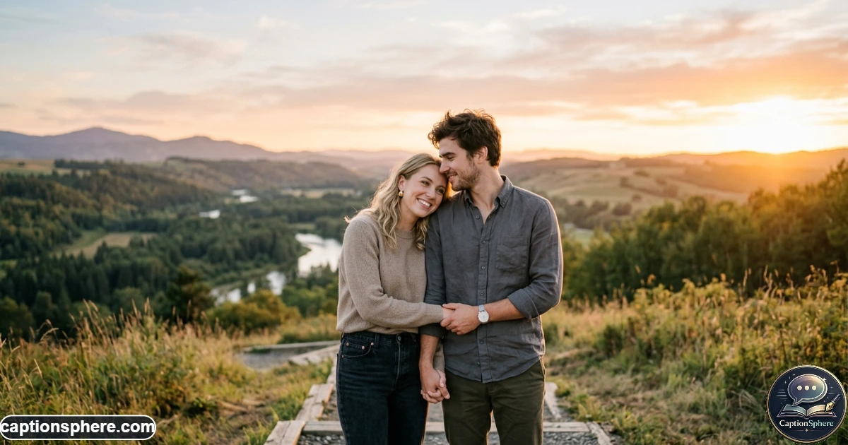 Couple standing together during golden hour in a softly lit scenic setting