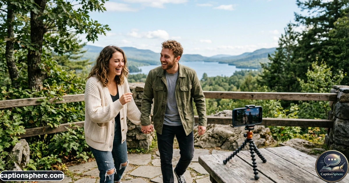 Young couple recording a casual social media video together outdoors