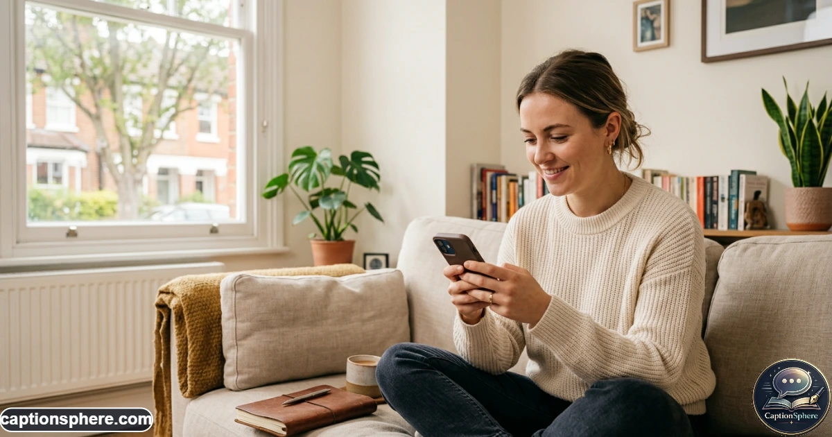 Person selecting a caption while viewing a couple photo on a smartphone