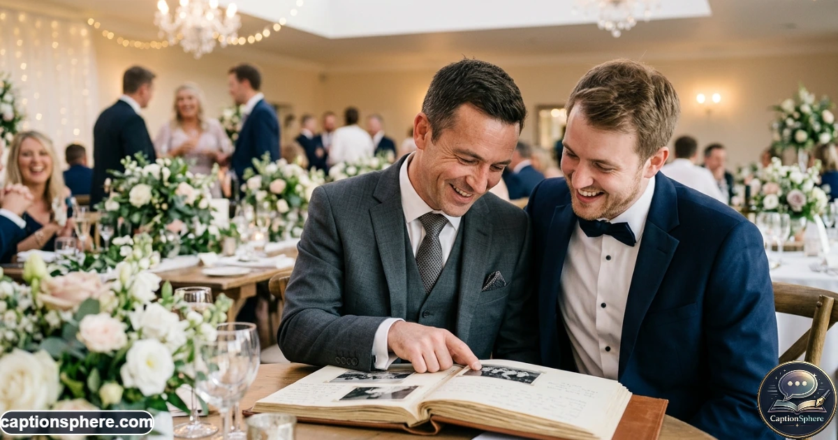 Adult brothers sharing a nostalgic moment during a wedding celebration