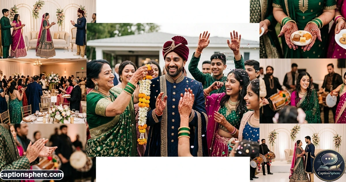 Groom celebrating with family during colorful South Asian wedding festivities