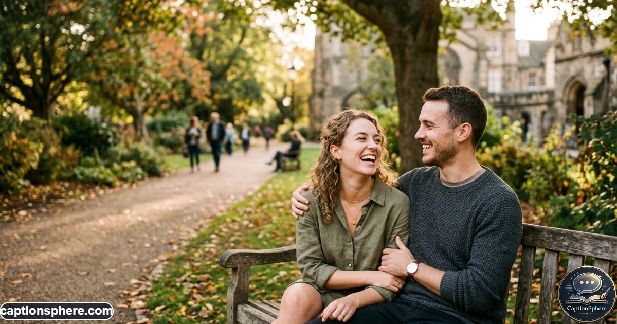 Happy couple laughing together outdoors while taking a casual photo