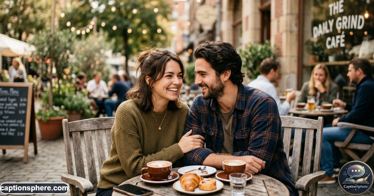 Couple smiling closely together during a cozy relaxed moment outdoors