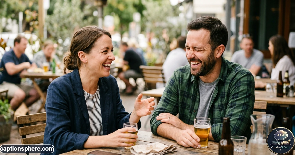 Playful couple laughing together during a candid outdoor conversation
