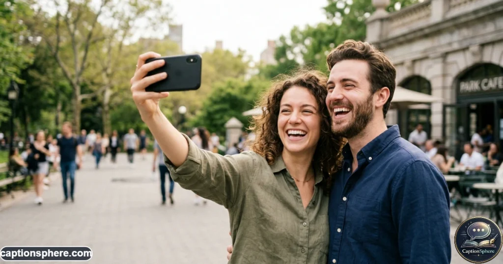 Couple taking a casual selfie together while laughing outdoors