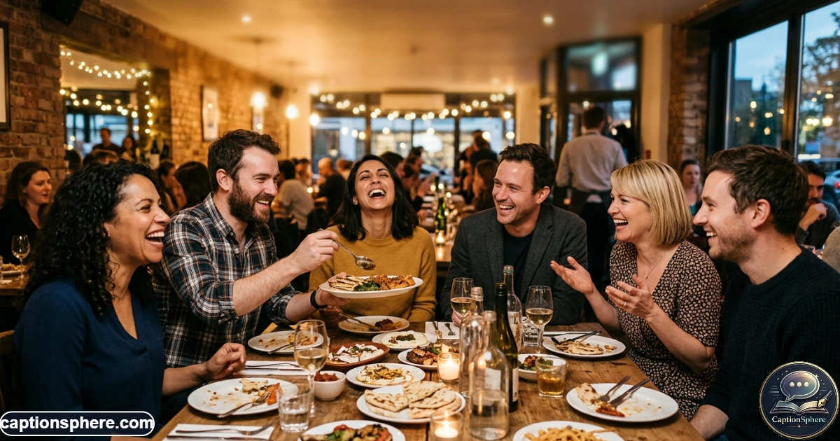 Group of friends smiling together around a restaurant dinner table