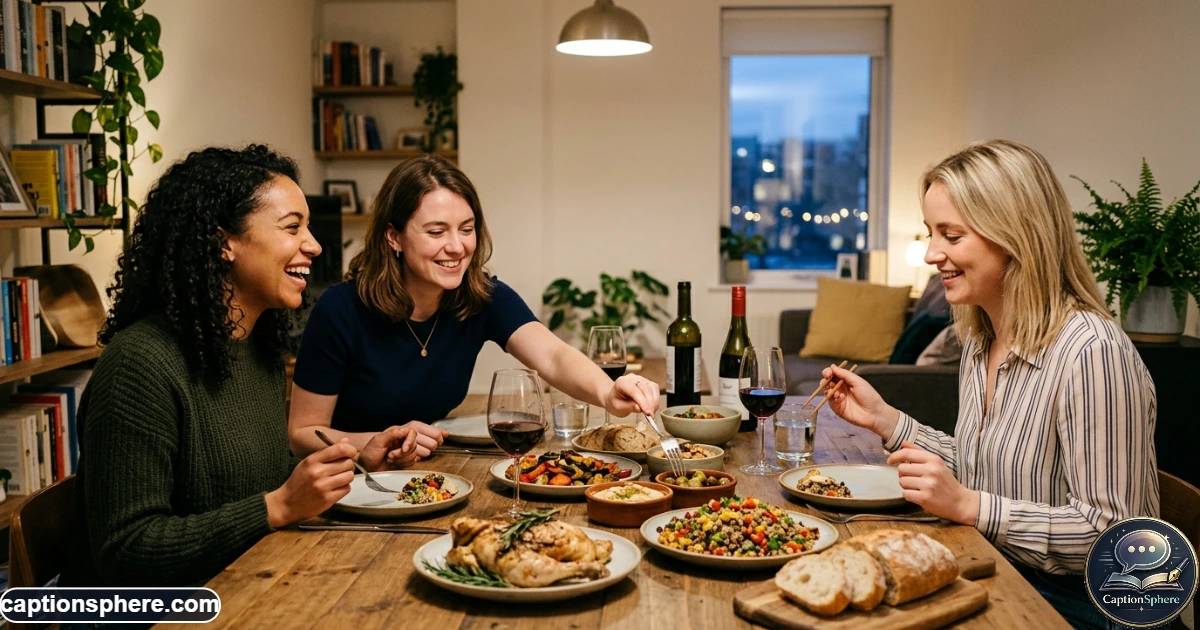 Friends sharing a simple dinner around a stylish table
