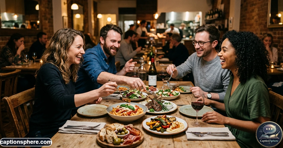 Friends sharing colorful dishes during a lively dinner together