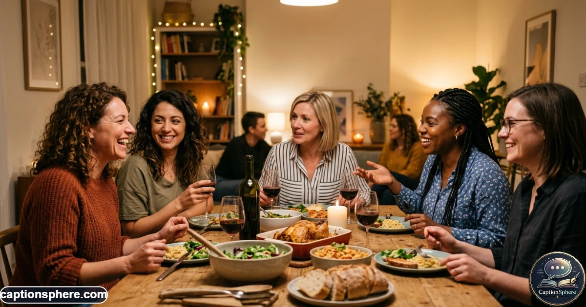 Friends enjoying a cozy home dinner together in a relaxed setting
