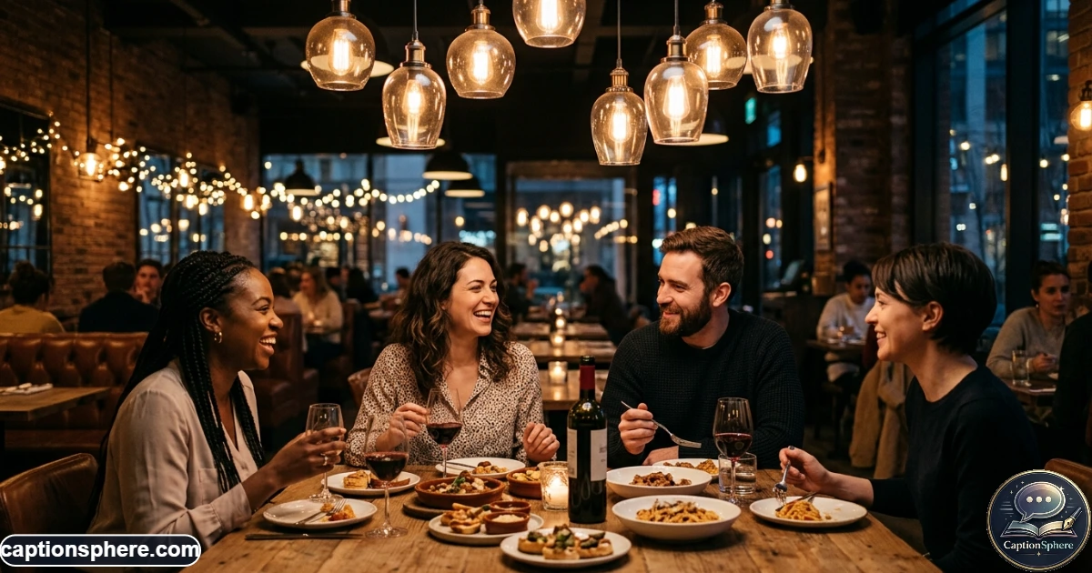 Friends enjoying a stylish late-night dinner under warm restaurant lights