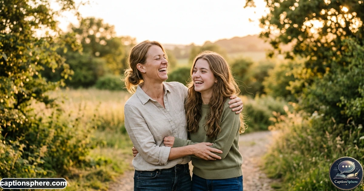 Mother and daughter smiling together outdoors during a warm family moment